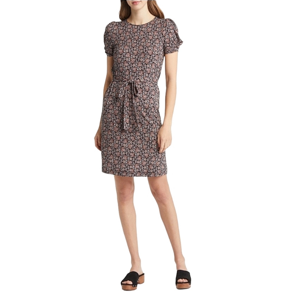 Boden NWT Puff Sleeve Tie Waist Black Orange Paisley Fall Dress Sz 8
